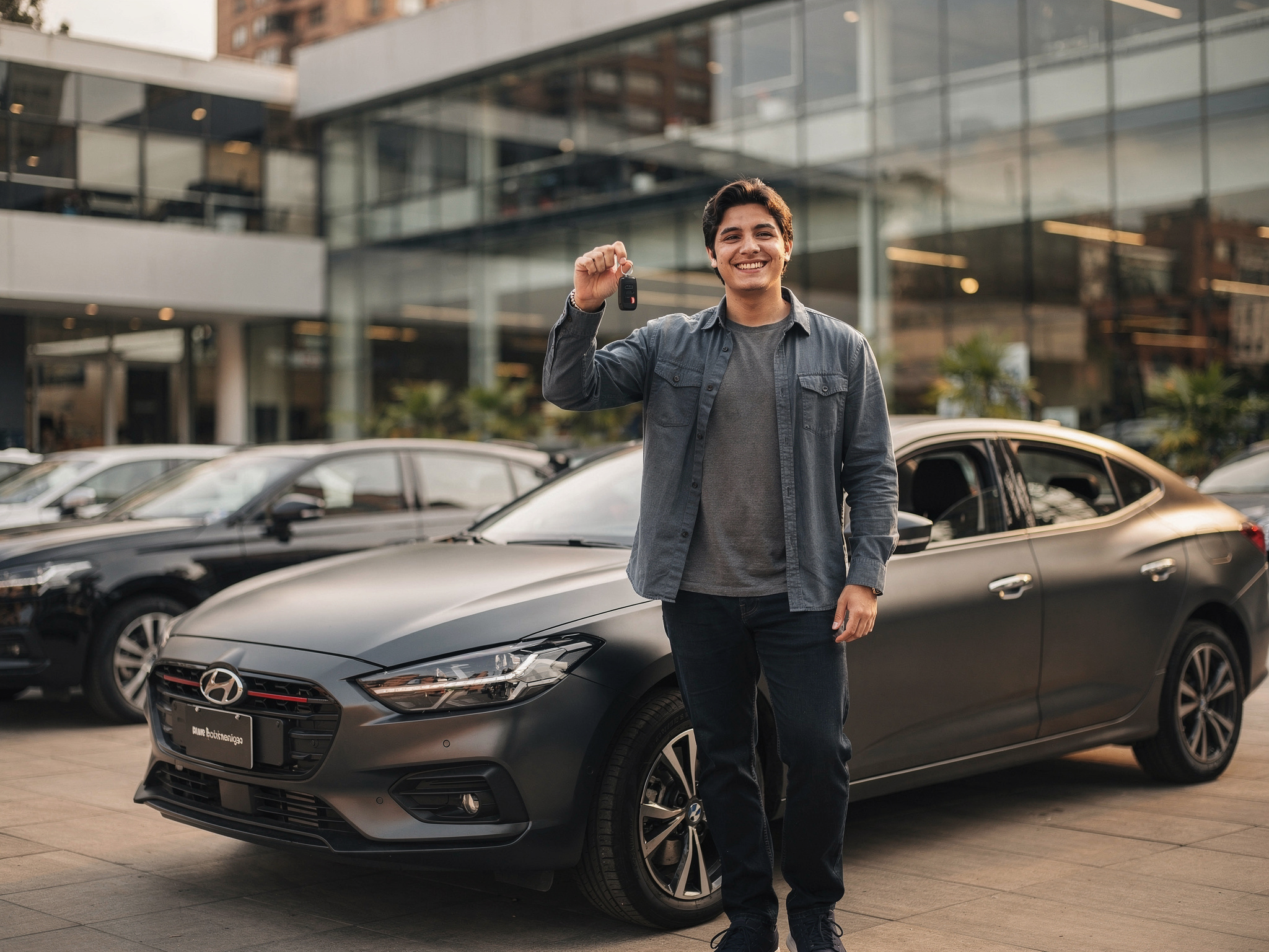 Cliente feliz mostrando la llave de su nuevo auto.